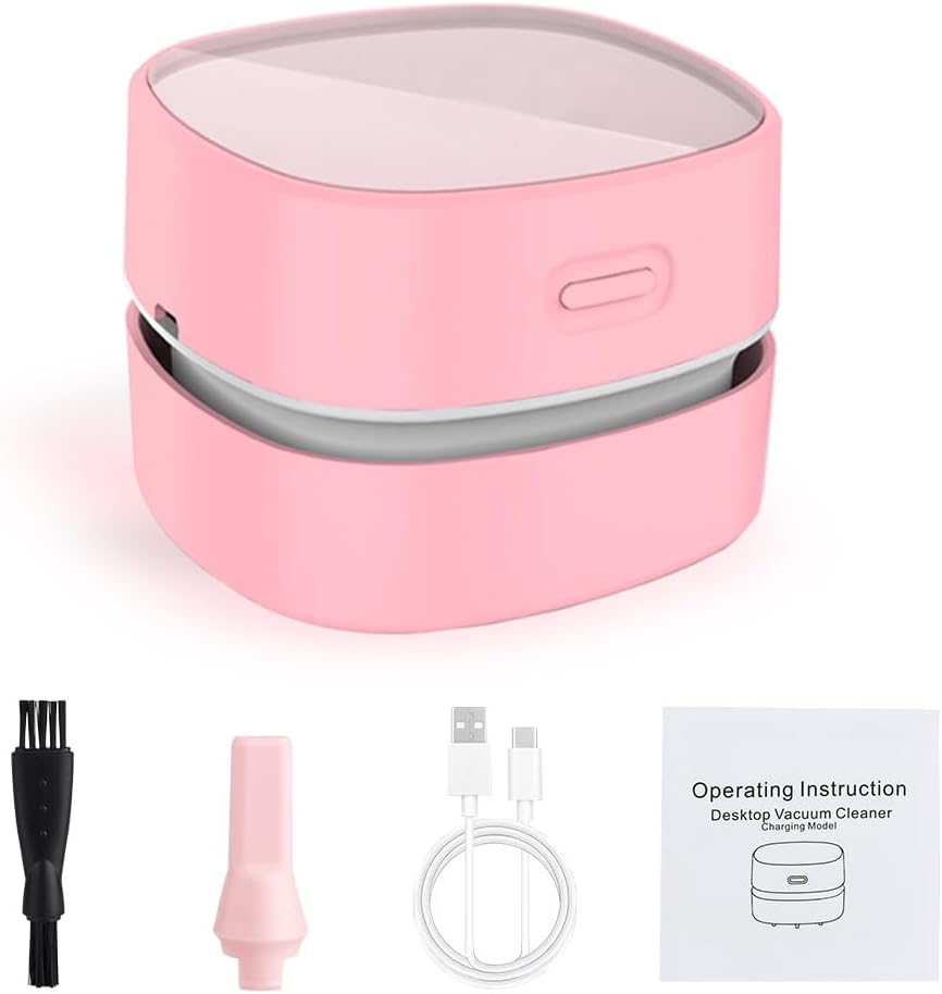 Desktop Vacuum Cleaner,Mini Table dust Sweeper Energy Saving,High Endurance up to 400 mins,Cordless&360º Rotatable Design for Cleaning Hairs,Crumbs,Computer Keyboard (Pink Charging)