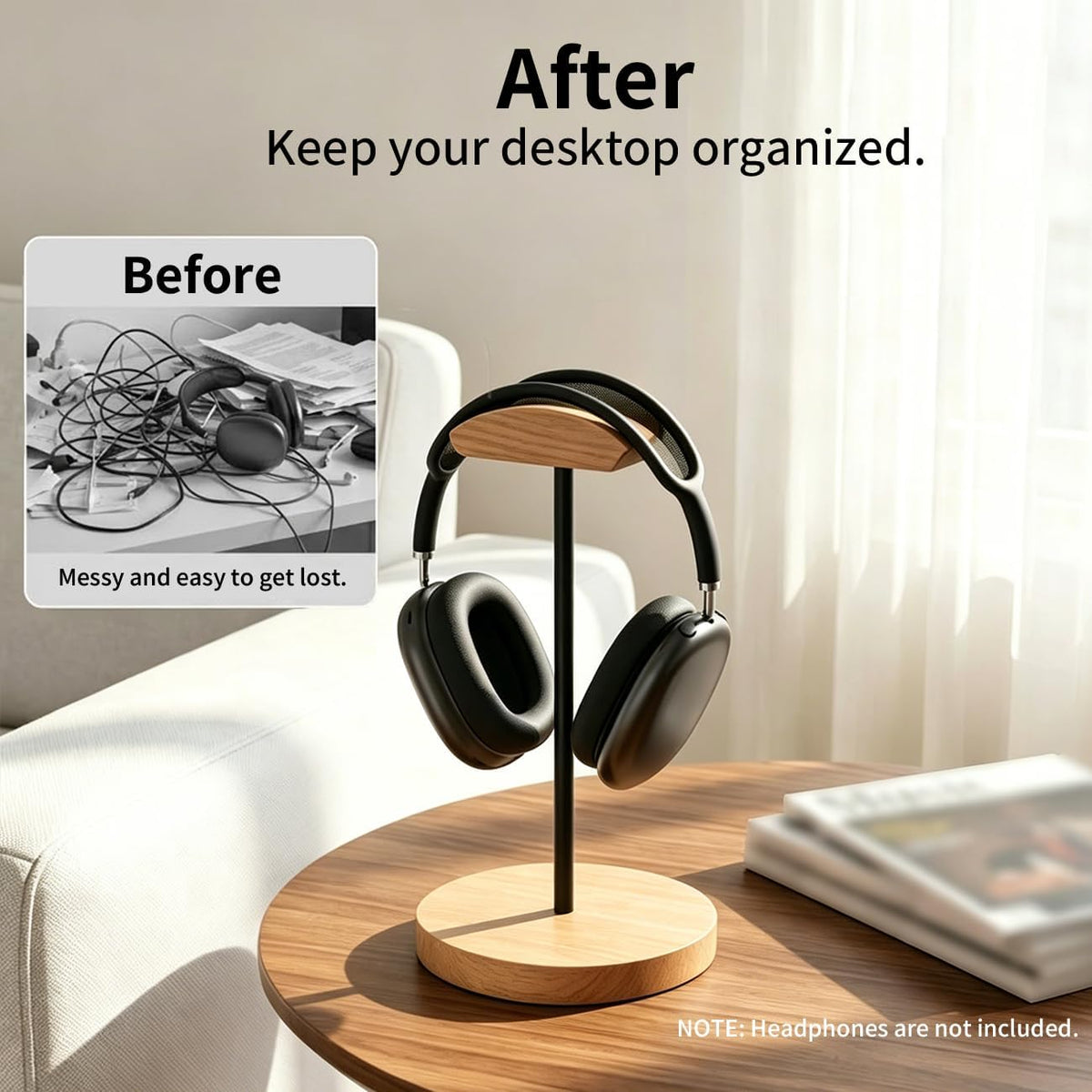 Headphone Stand Nature Wood & Metal Headset Hanger Mount Hook Gaming Holder Desktop Earphone Artful Functional Craftmanship Stand for All Headsets with Solid Wooden Base