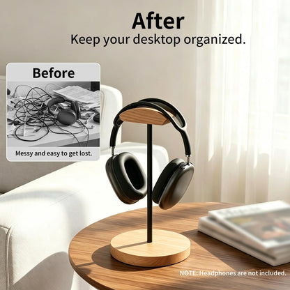 Headphone Stand Nature Wood & Metal Headset Hanger Mount Hook Gaming Holder Desktop Earphone Artful Functional Craftmanship Stand for All Headsets with Solid Wooden Base
