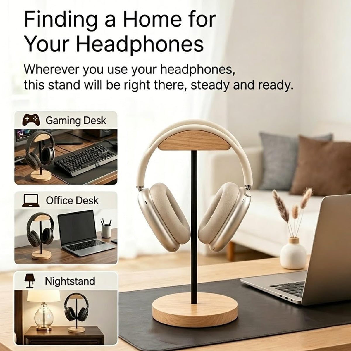 Headphone Stand Nature Wood & Metal Headset Hanger Mount Hook Gaming Holder Desktop Earphone Artful Functional Craftmanship Stand for All Headsets with Solid Wooden Base