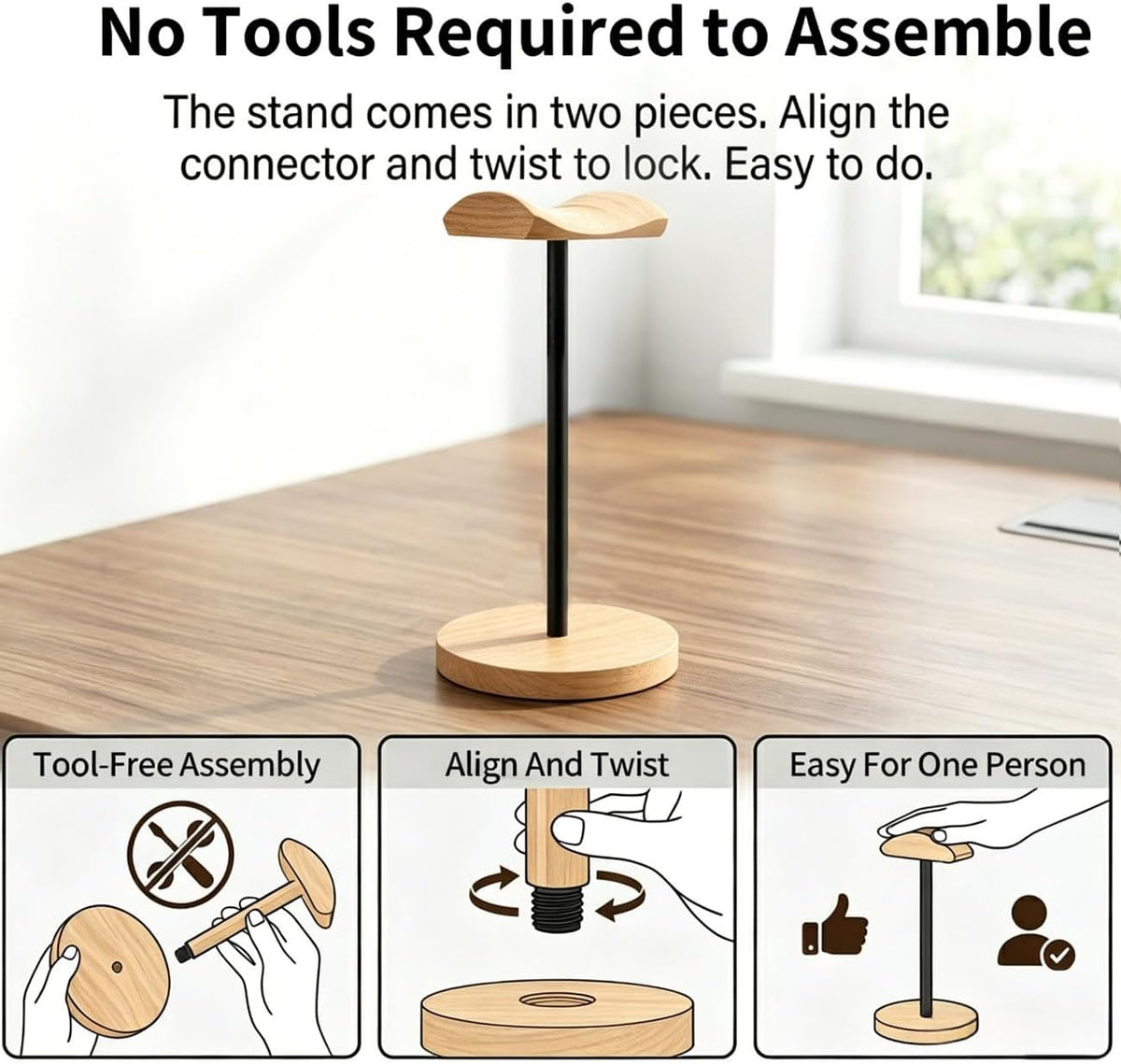 Headphone Stand Nature Wood & Metal Headset Hanger Mount Hook Gaming Holder Desktop Earphone Artful Functional Craftmanship Stand for All Headsets with Solid Wooden Base