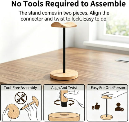 Headphone Stand Nature Wood & Metal Headset Hanger Mount Hook Gaming Holder Desktop Earphone Artful Functional Craftmanship Stand for All Headsets with Solid Wooden Base