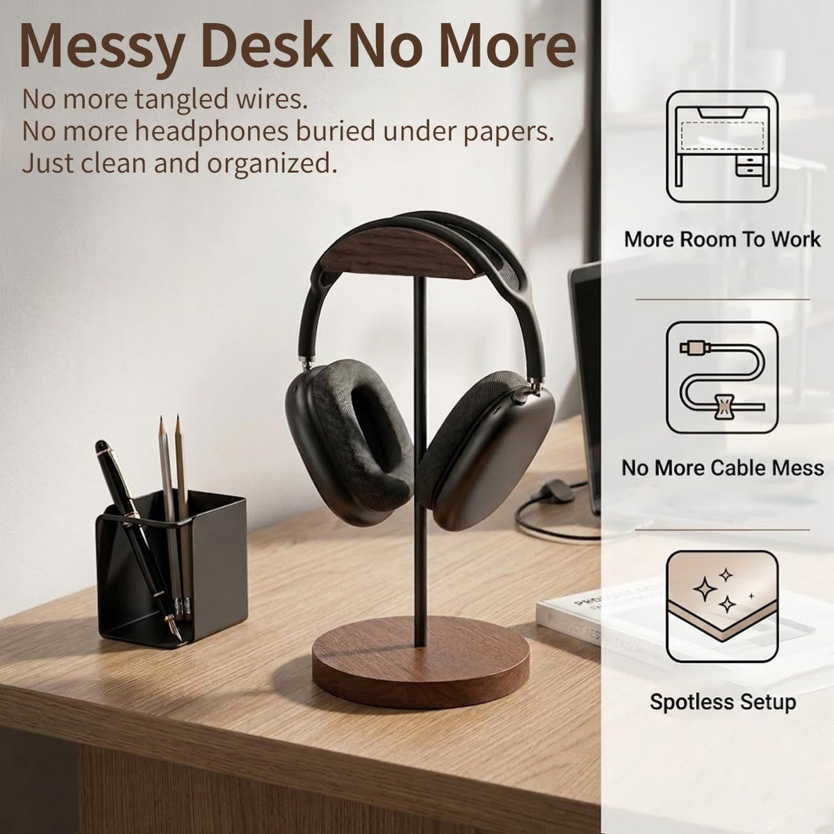 Headphone Stand Nature Wood & Metal Headset Hanger Mount Hook Gaming Holder Desktop Earphone Artful Functional Craftmanship Stand for All Headsets with Solid Wooden Base
