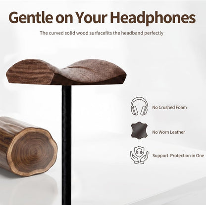 Headphone Stand Nature Wood & Metal Headset Hanger Mount Hook Gaming Holder Desktop Earphone Artful Functional Craftmanship Stand for All Headsets with Solid Wooden Base