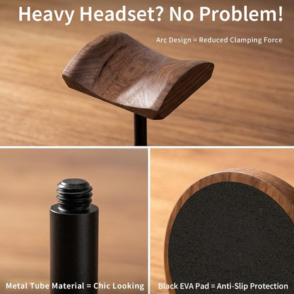 Headphone Stand Nature Wood & Metal Headset Hanger Mount Hook Gaming Holder Desktop Earphone Artful Functional Craftmanship Stand for All Headsets with Solid Wooden Base