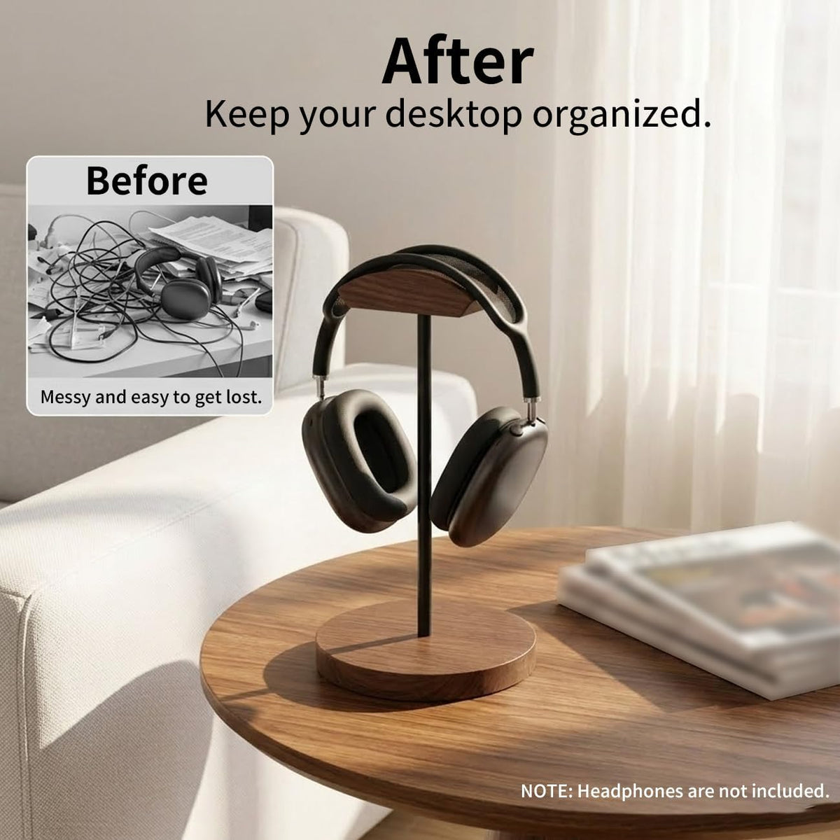 Headphone Stand Nature Wood & Metal Headset Hanger Mount Hook Gaming Holder Desktop Earphone Artful Functional Craftmanship Stand for All Headsets with Solid Wooden Base