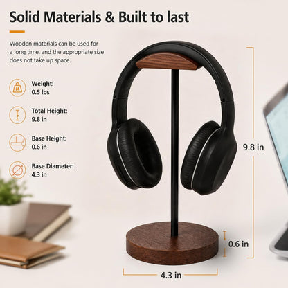 Headphone Stand Nature Wood & Metal Headset Hanger Mount Hook Gaming Holder Desktop Earphone Artful Functional Craftmanship Stand for All Headsets with Solid Wooden Base