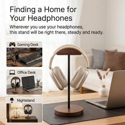 Headphone Stand Nature Wood & Metal Headset Hanger Mount Hook Gaming Holder Desktop Earphone Artful Functional Craftmanship Stand for All Headsets with Solid Wooden Base