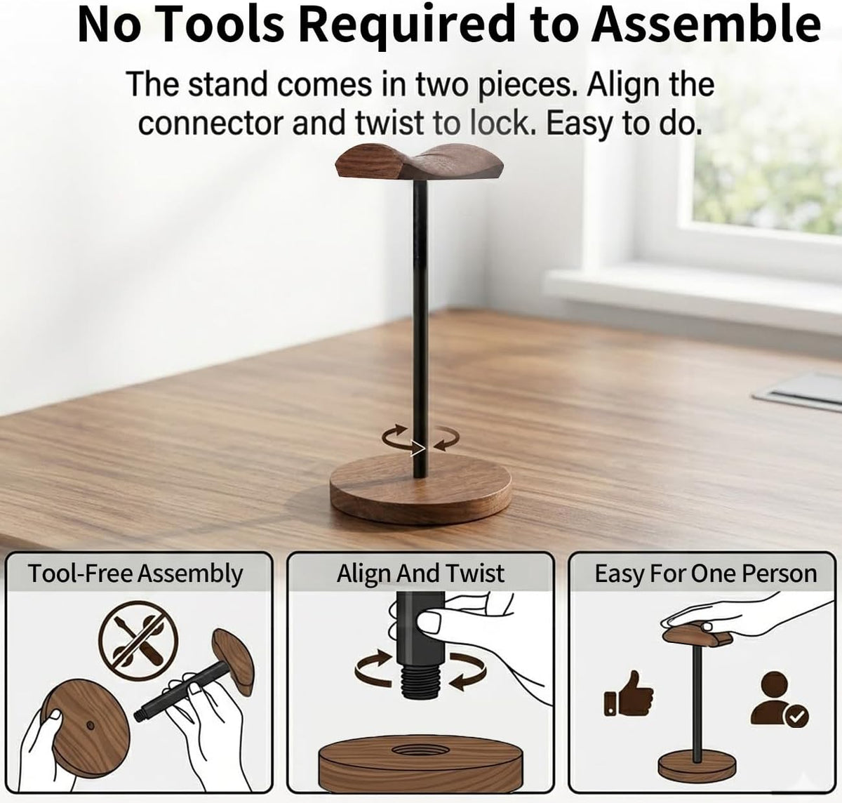 Headphone Stand Nature Wood & Metal Headset Hanger Mount Hook Gaming Holder Desktop Earphone Artful Functional Craftmanship Stand for All Headsets with Solid Wooden Base