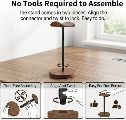 Headphone Stand Nature Wood & Metal Headset Hanger Mount Hook Gaming Holder Desktop Earphone Artful Functional Craftmanship Stand for All Headsets with Solid Wooden Base