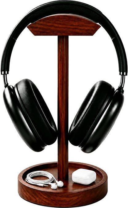 Headphone Stand Nature Wood & Metal Headset Hanger Mount Hook Gaming Holder Desktop Earphone Artful Functional Craftmanship Stand for All Headsets with Solid Wooden Base