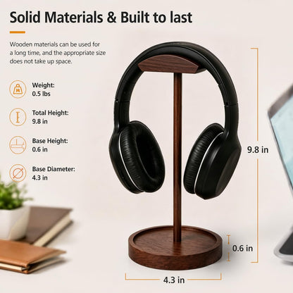 Headphone Stand Nature Wood & Metal Headset Hanger Mount Hook Gaming Holder Desktop Earphone Artful Functional Craftmanship Stand for All Headsets with Solid Wooden Base