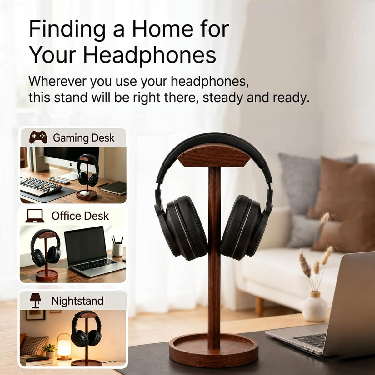 Headphone Stand Nature Wood & Metal Headset Hanger Mount Hook Gaming Holder Desktop Earphone Artful Functional Craftmanship Stand for All Headsets with Solid Wooden Base