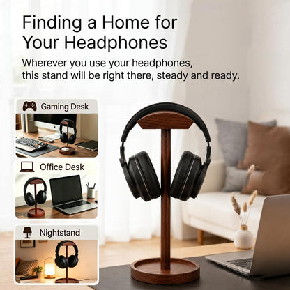 Headphone Stand Nature Wood & Metal Headset Hanger Mount Hook Gaming Holder Desktop Earphone Artful Functional Craftmanship Stand for All Headsets with Solid Wooden Base
