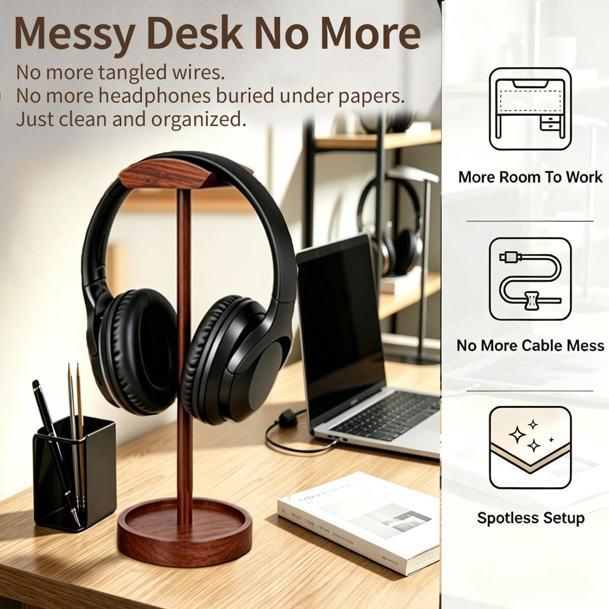 Headphone Stand Nature Wood & Metal Headset Hanger Mount Hook Gaming Holder Desktop Earphone Artful Functional Craftmanship Stand for All Headsets with Solid Wooden Base