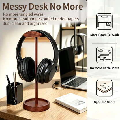 Headphone Stand Nature Wood & Metal Headset Hanger Mount Hook Gaming Holder Desktop Earphone Artful Functional Craftmanship Stand for All Headsets with Solid Wooden Base
