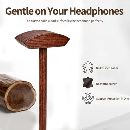 Headphone Stand Nature Wood & Metal Headset Hanger Mount Hook Gaming Holder Desktop Earphone Artful Functional Craftmanship Stand for All Headsets with Solid Wooden Base