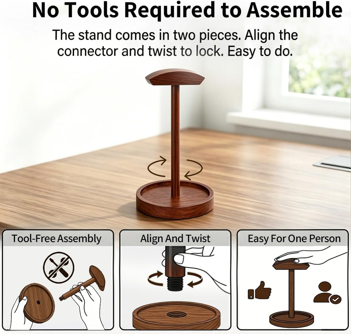 Headphone Stand Nature Wood & Metal Headset Hanger Mount Hook Gaming Holder Desktop Earphone Artful Functional Craftmanship Stand for All Headsets with Solid Wooden Base