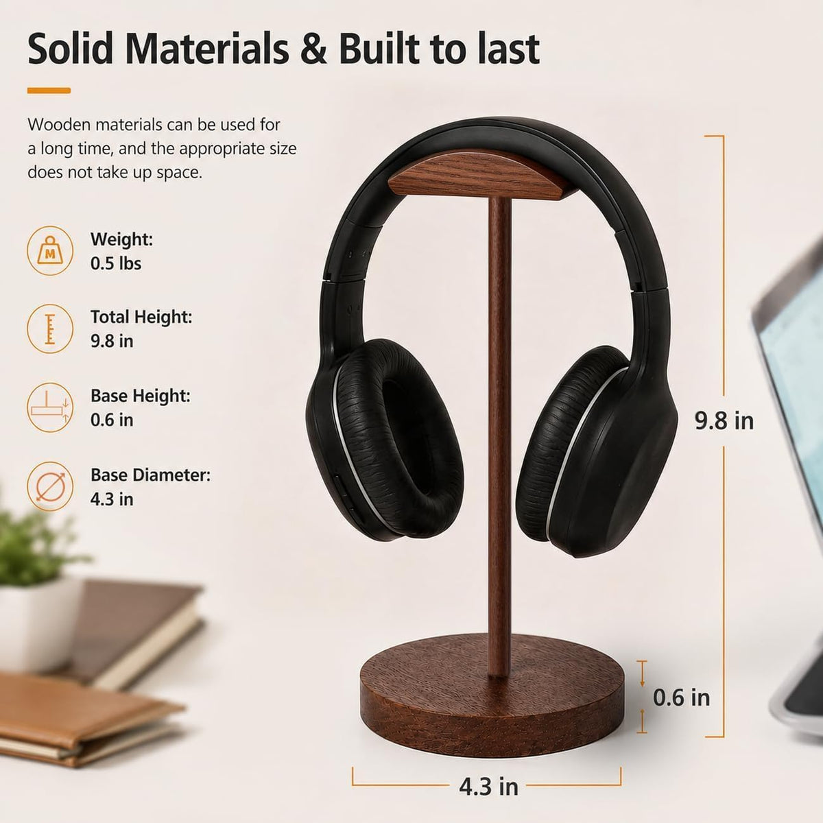 Headphone Stand Nature Wood & Metal Headset Hanger Mount Hook Gaming Holder Desktop Earphone Artful Functional Craftmanship Stand for All Headsets with Solid Wooden Base