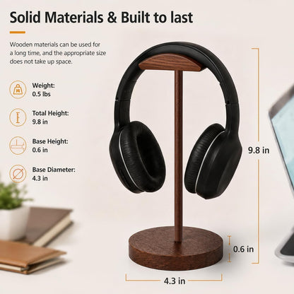 Headphone Stand Nature Wood & Metal Headset Hanger Mount Hook Gaming Holder Desktop Earphone Artful Functional Craftmanship Stand for All Headsets with Solid Wooden Base