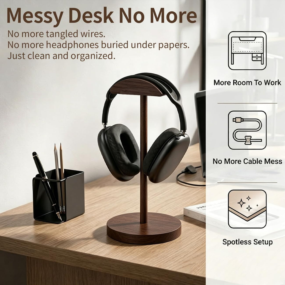 Headphone Stand Nature Wood & Metal Headset Hanger Mount Hook Gaming Holder Desktop Earphone Artful Functional Craftmanship Stand for All Headsets with Solid Wooden Base