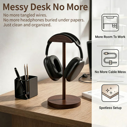 Headphone Stand Nature Wood & Metal Headset Hanger Mount Hook Gaming Holder Desktop Earphone Artful Functional Craftmanship Stand for All Headsets with Solid Wooden Base