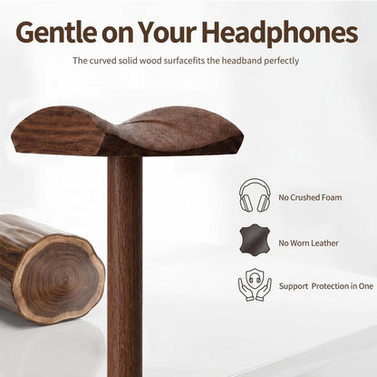Headphone Stand Nature Wood & Metal Headset Hanger Mount Hook Gaming Holder Desktop Earphone Artful Functional Craftmanship Stand for All Headsets with Solid Wooden Base