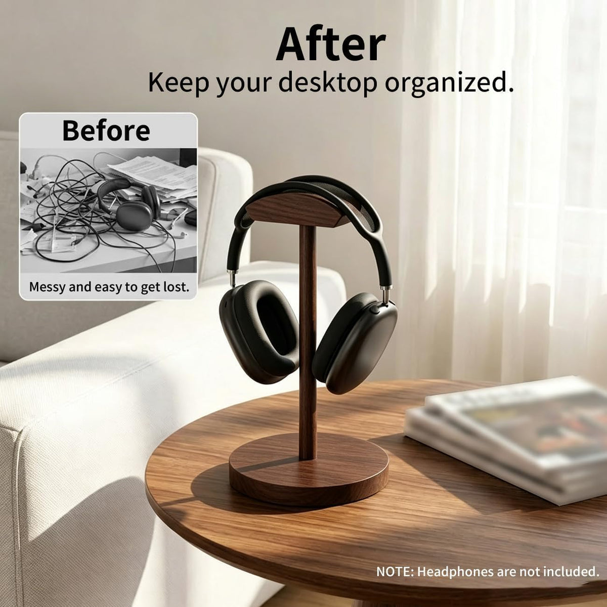 Headphone Stand Nature Wood & Metal Headset Hanger Mount Hook Gaming Holder Desktop Earphone Artful Functional Craftmanship Stand for All Headsets with Solid Wooden Base