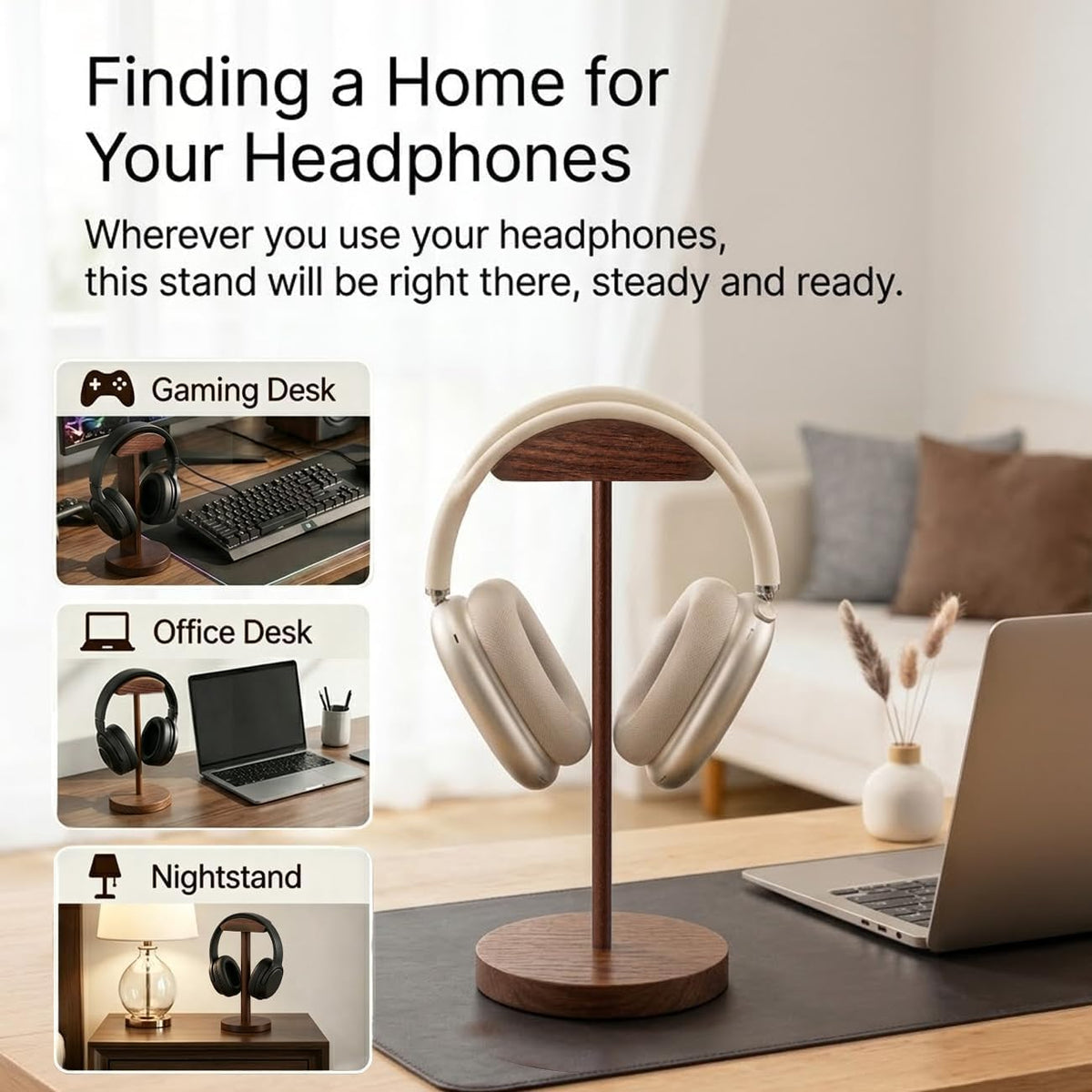 Headphone Stand Nature Wood & Metal Headset Hanger Mount Hook Gaming Holder Desktop Earphone Artful Functional Craftmanship Stand for All Headsets with Solid Wooden Base