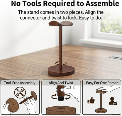 Headphone Stand Nature Wood & Metal Headset Hanger Mount Hook Gaming Holder Desktop Earphone Artful Functional Craftmanship Stand for All Headsets with Solid Wooden Base