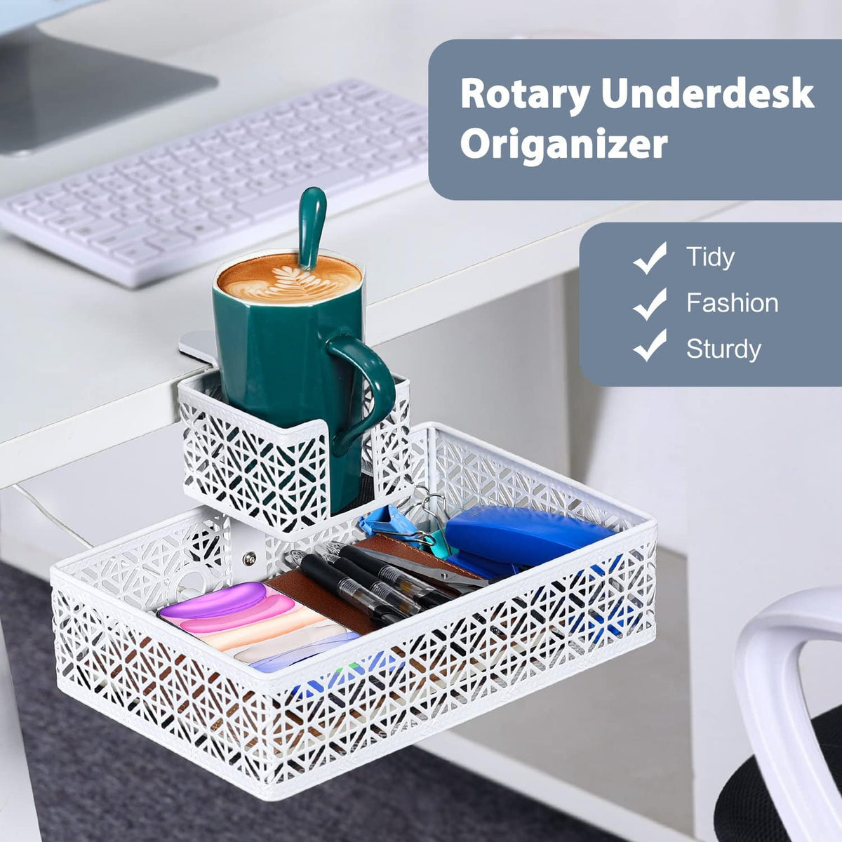 Under Desk Drawer, Clamp on Desk Organizer Cup Holder Hanging Desk Storage