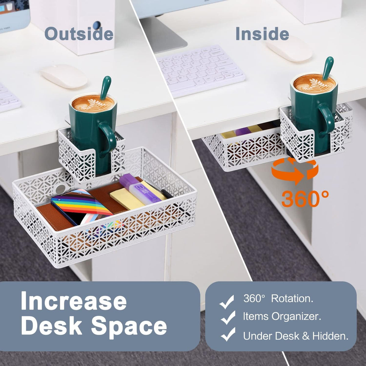Under Desk Drawer, Clamp on Desk Organizer Cup Holder Hanging Desk Storage