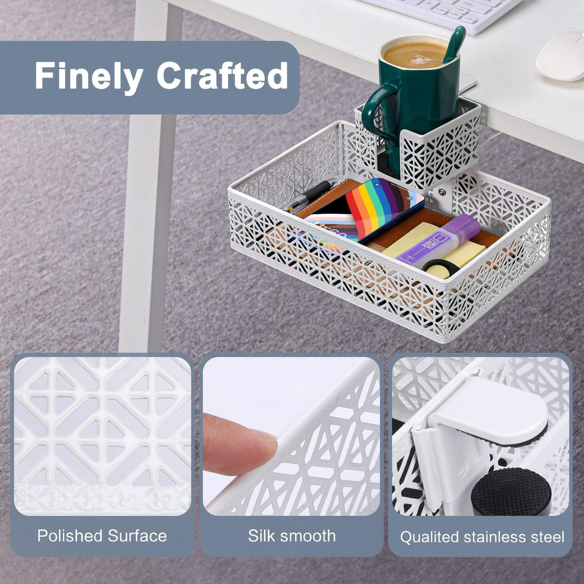 Under Desk Drawer, Clamp on Desk Organizer Cup Holder Hanging Desk Storage