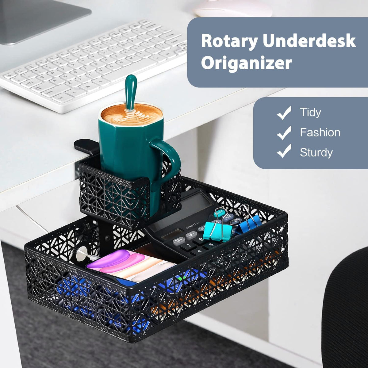 Under Desk Drawer, Clamp on Desk Organizer Cup Holder Hanging Desk Storage