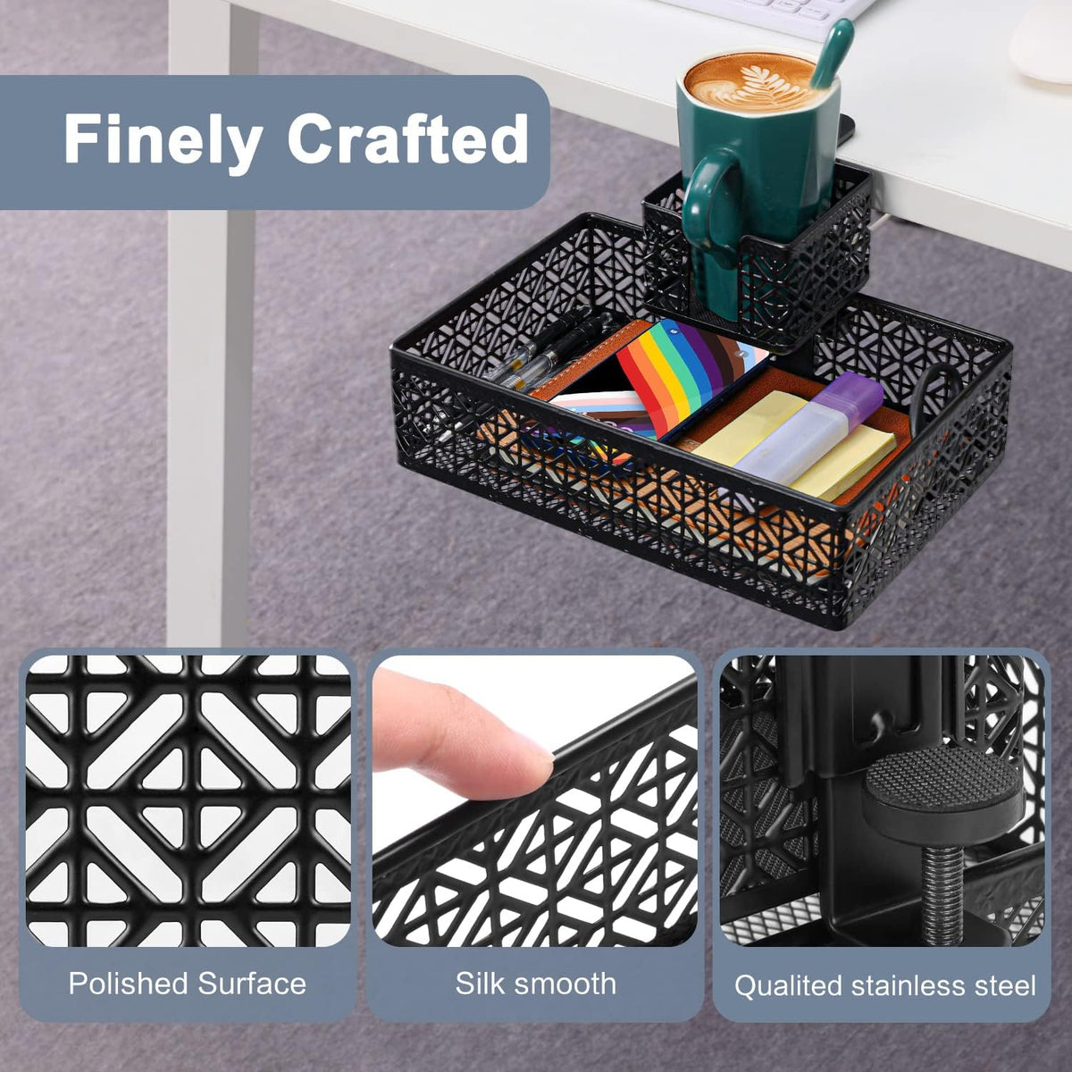 Under Desk Drawer, Clamp on Desk Organizer Cup Holder Hanging Desk Storage