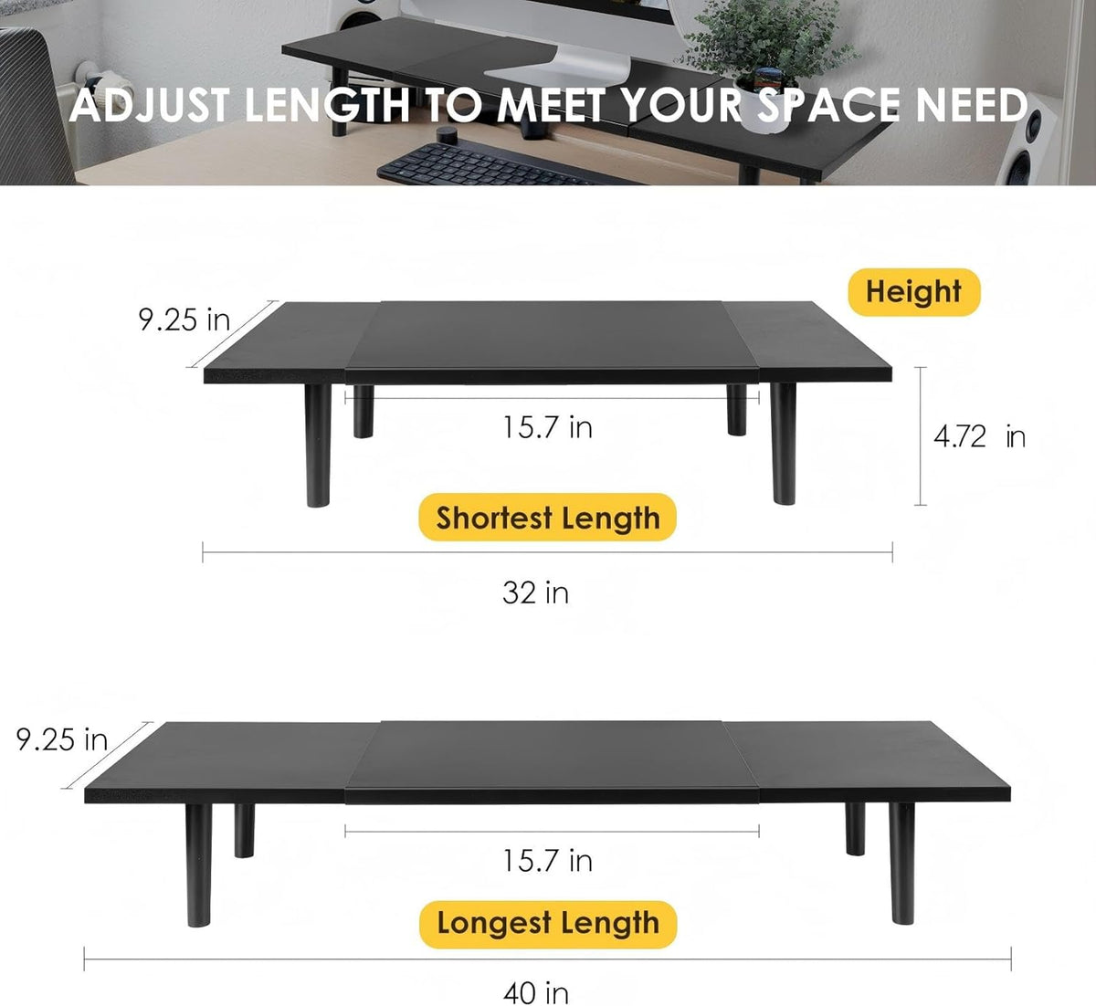 Across-Star Dual-Monitor-Stand-Riser-For-Desk Adjustable Length 32-40 Inch，Large Desktop Computer Monitor Riser For 2 Screens，Desk Shelf Organizer Riser Stand For Computer/Laptop/PC/Printer/TV Black