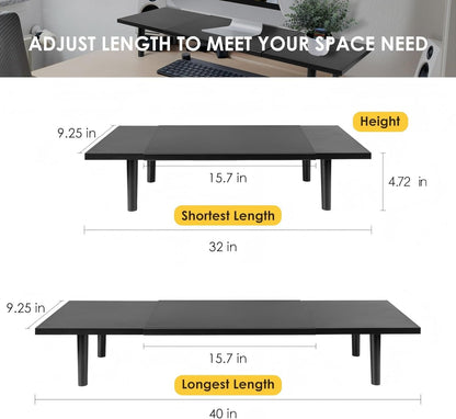Across-Star Dual-Monitor-Stand-Riser-For-Desk Adjustable Length 32-40 Inch，Large Desktop Computer Monitor Riser For 2 Screens，Desk Shelf Organizer Riser Stand For Computer/Laptop/PC/Printer/TV Black