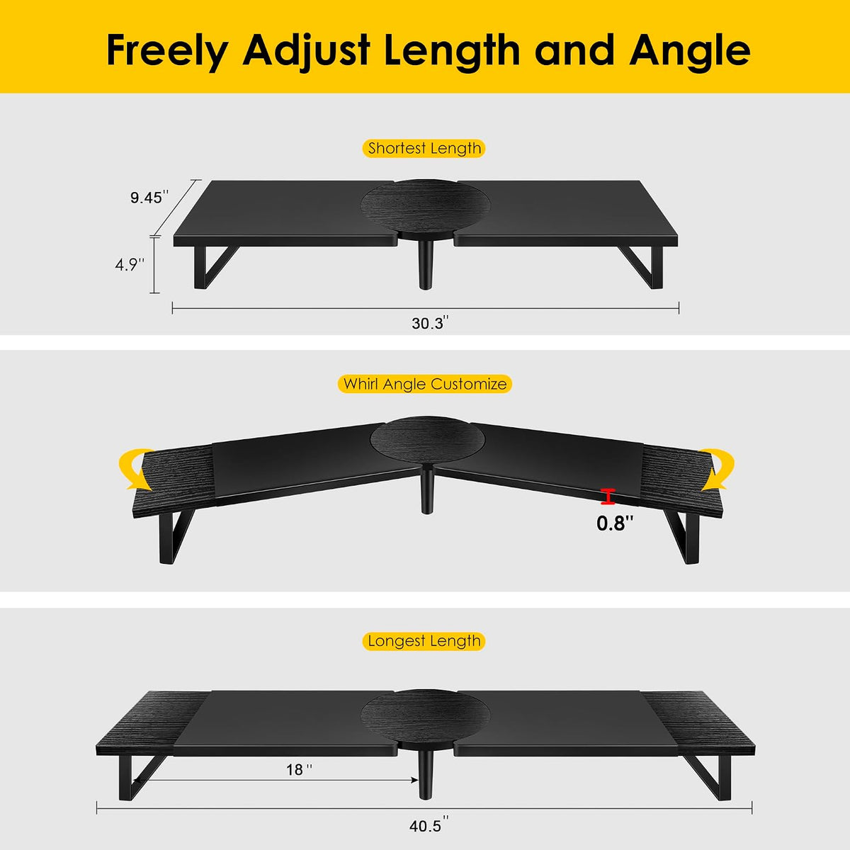 Across-Star Dual-Monitor-Stand-Riser-For-Desk Adjustable Length 32-40 Inch，Large Desktop Computer Monitor Riser For 2 Screens，Desk Shelf Organizer Riser Stand For Computer/Laptop/PC/Printer/TV Black