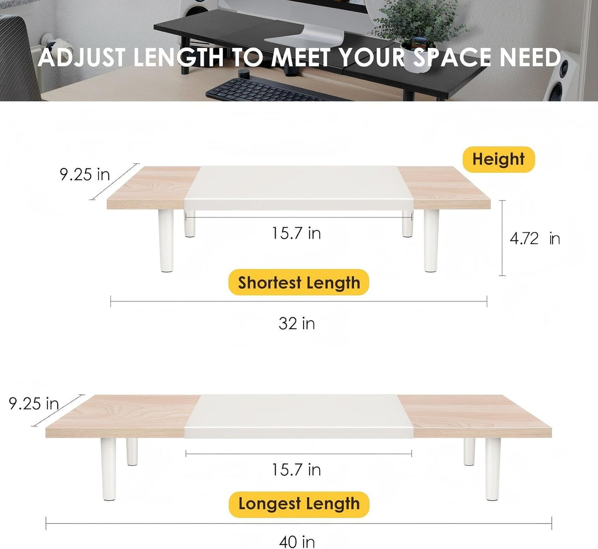 Across-Star Dual-Monitor-Stand-Riser-For-Desk Adjustable Length 32-40 Inch，Large Desktop Computer Monitor Riser For 2 Screens，Desk Shelf Organizer Riser Stand For Computer/Laptop/PC/Printer/TV Black