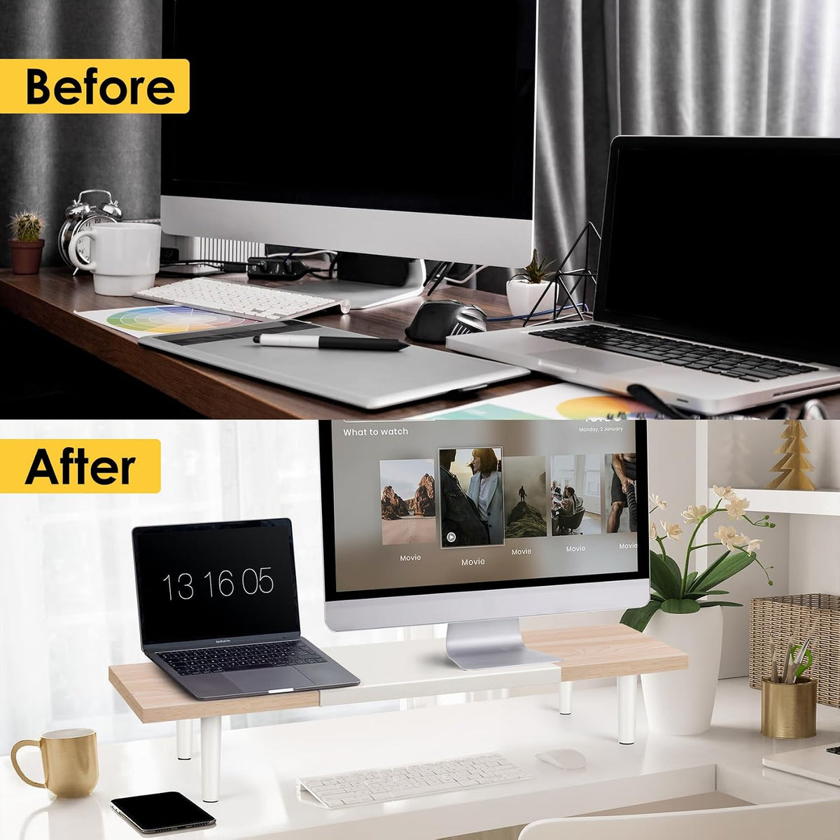 Across-Star Dual-Monitor-Stand-Riser-For-Desk Adjustable Length 32-40 Inch，Large Desktop Computer Monitor Riser For 2 Screens，Desk Shelf Organizer Riser Stand For Computer/Laptop/PC/Printer/TV Black