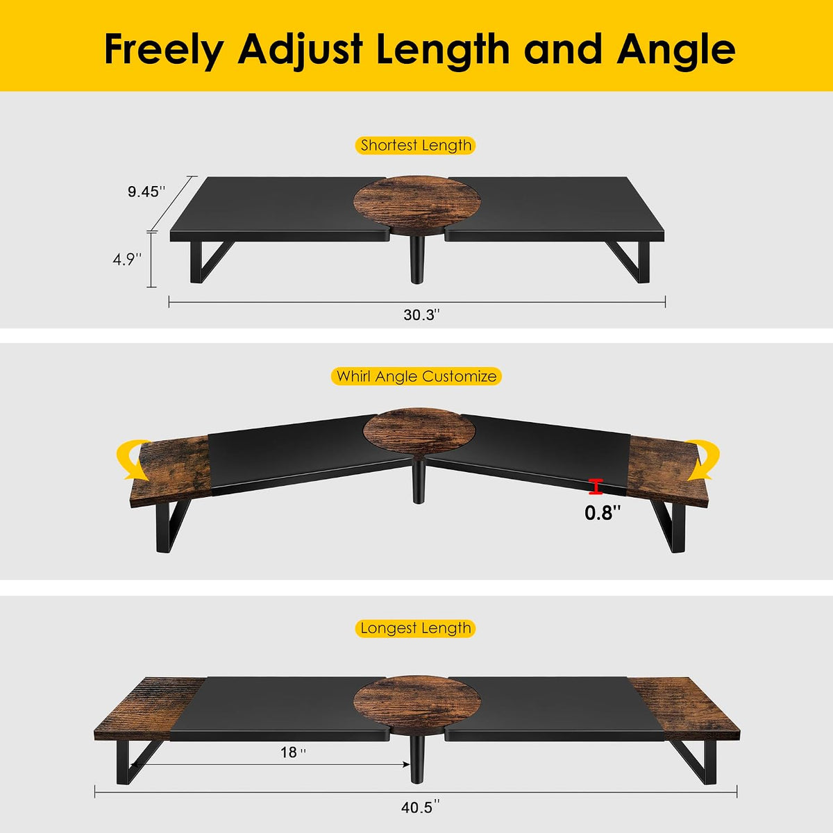 Across-Star Dual-Monitor-Stand-Riser-For-Desk Adjustable Length 32-40 Inch，Large Desktop Computer Monitor Riser For 2 Screens，Desk Shelf Organizer Riser Stand For Computer/Laptop/PC/Printer/TV Black