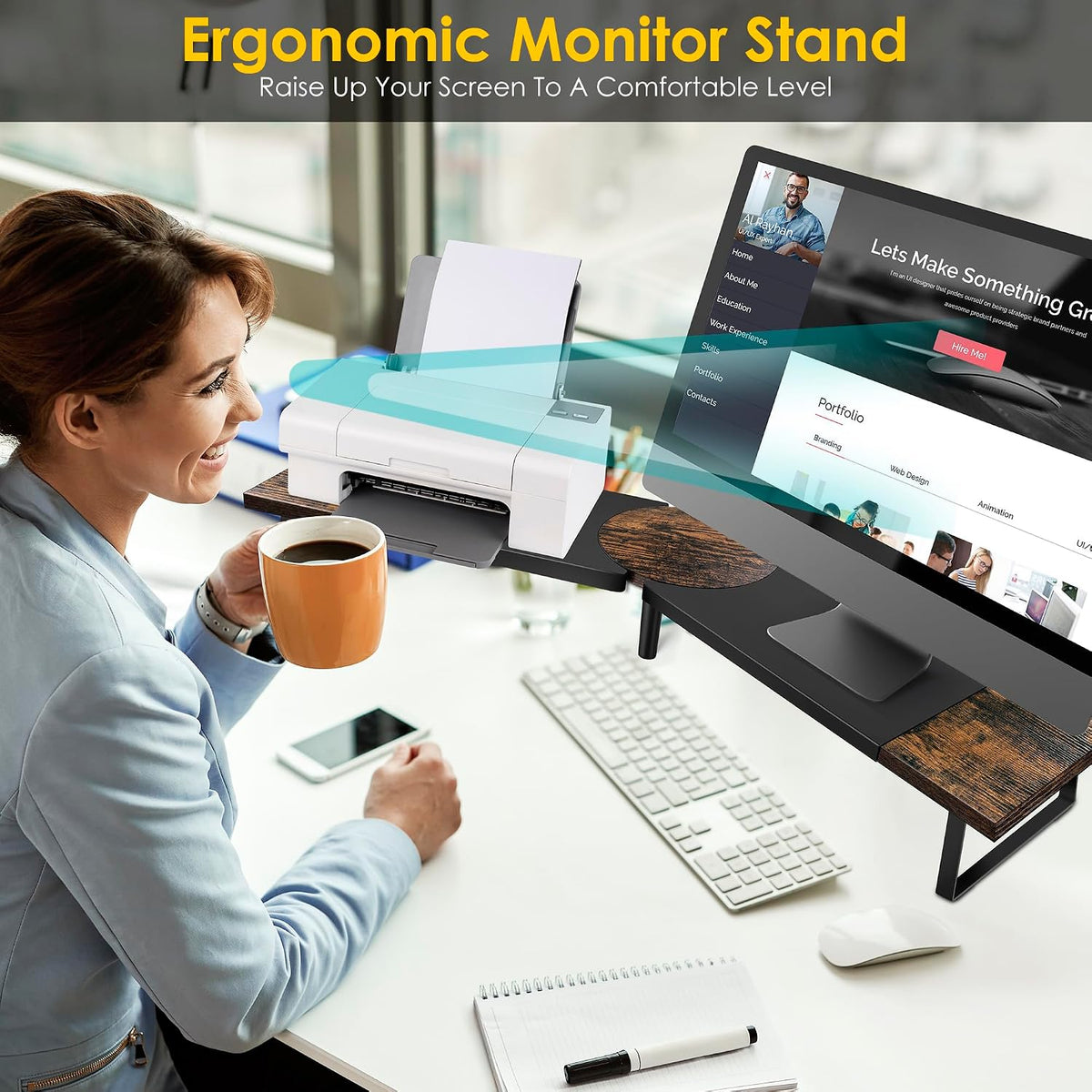 Across-Star Dual-Monitor-Stand-Riser-For-Desk Adjustable Length 32-40 Inch，Large Desktop Computer Monitor Riser For 2 Screens，Desk Shelf Organizer Riser Stand For Computer/Laptop/PC/Printer/TV Black
