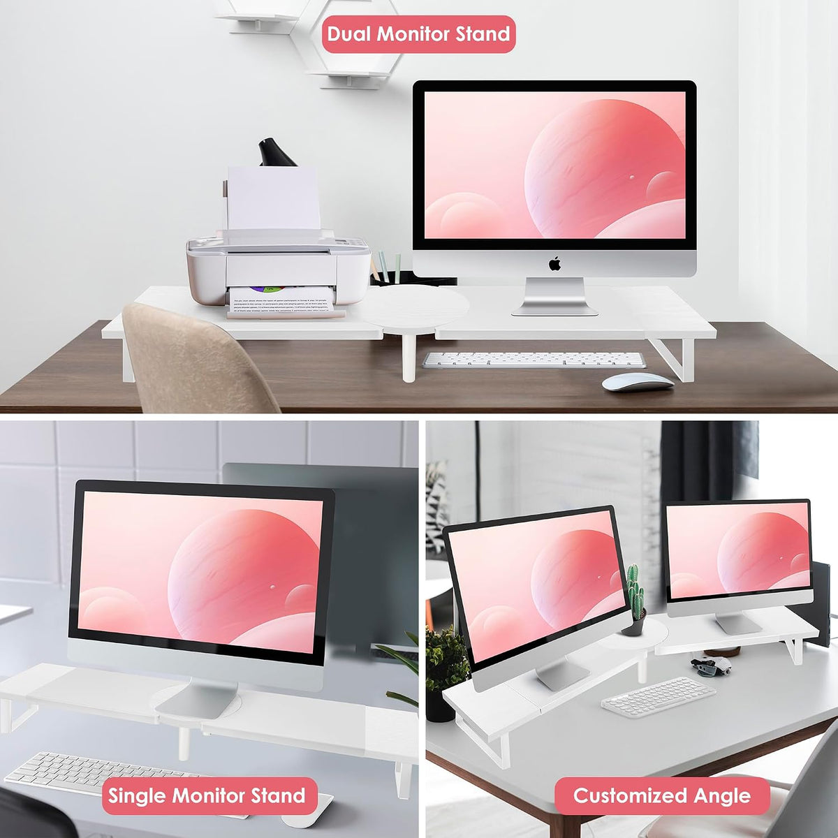 Across-Star Dual-Monitor-Stand-Riser-For-Desk Adjustable Length 32-40 Inch，Large Desktop Computer Monitor Riser For 2 Screens，Desk Shelf Organizer Riser Stand For Computer/Laptop/PC/Printer/TV Black