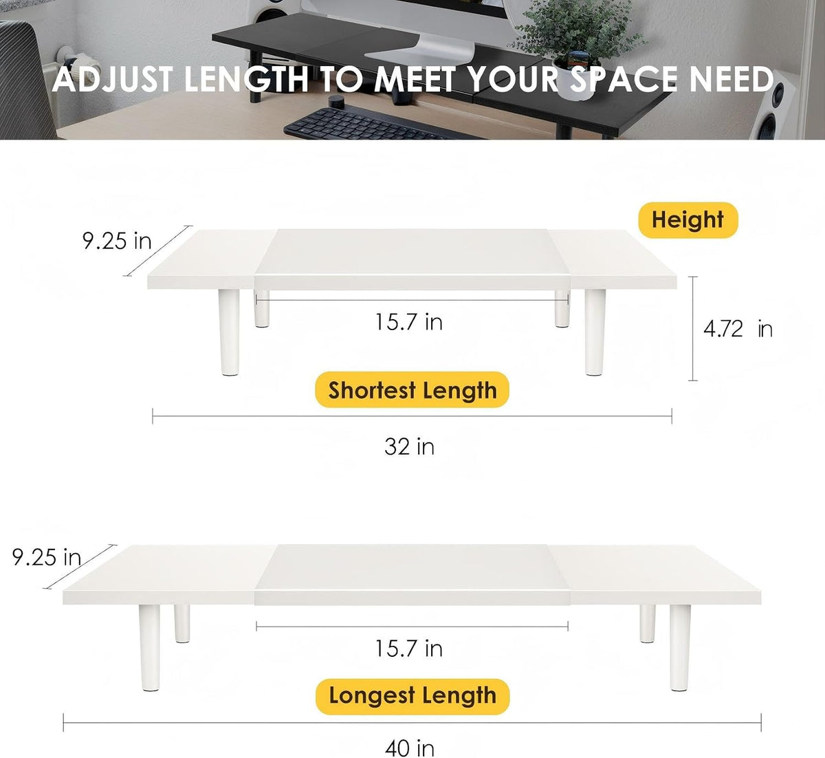 Across-Star Dual-Monitor-Stand-Riser-For-Desk Adjustable Length 32-40 Inch，Large Desktop Computer Monitor Riser For 2 Screens，Desk Shelf Organizer Riser Stand For Computer/Laptop/PC/Printer/TV Black