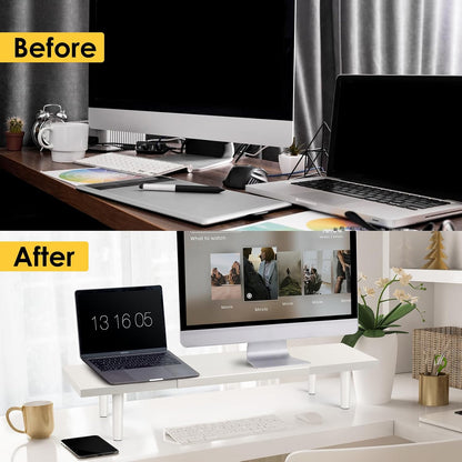 Across-Star Dual-Monitor-Stand-Riser-For-Desk Adjustable Length 32-40 Inch，Large Desktop Computer Monitor Riser For 2 Screens，Desk Shelf Organizer Riser Stand For Computer/Laptop/PC/Printer/TV Black