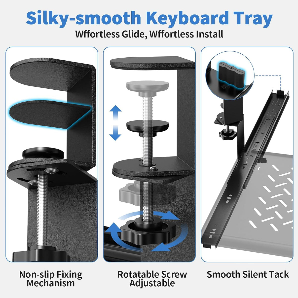 Keyboard Tray Under Desk - Full Metal Slide Out Holder, Rust-Resistant & Scratch-Proof, 26x13" Tray, Double C-Clamps for L Shape/Regular Desks, Standing/Sitting Workstation(Black-A)