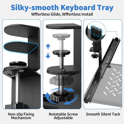 Keyboard Tray Under Desk - Full Metal Slide Out Holder, Rust-Resistant & Scratch-Proof, 26x13" Tray, Double C-Clamps for L Shape/Regular Desks, Standing/Sitting Workstation(Black-A)