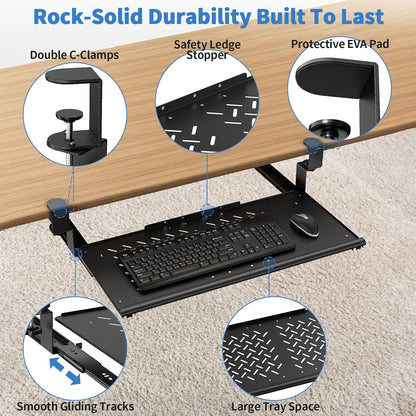 Keyboard Tray Under Desk - Full Metal Slide Out Holder, Rust-Resistant & Scratch-Proof, 26x13" Tray, Double C-Clamps for L Shape/Regular Desks, Standing/Sitting Workstation(Black-A)