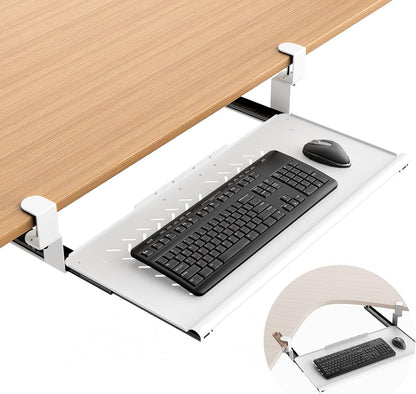 Keyboard Tray Under Desk - Full Metal Slide Out Holder, Rust-Resistant & Scratch-Proof, 26x13" Tray, Double C-Clamps for L Shape/Regular Desks, Standing/Sitting Workstation(Black-A)