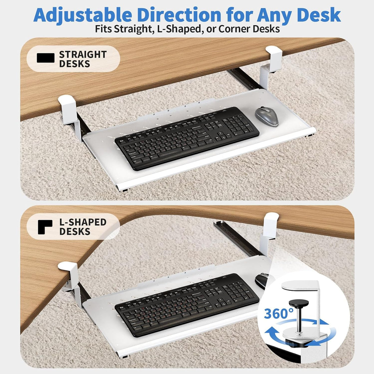 Keyboard Tray Under Desk - Full Metal Slide Out Holder, Rust-Resistant & Scratch-Proof, 26x13" Tray, Double C-Clamps for L Shape/Regular Desks, Standing/Sitting Workstation(Black-A)